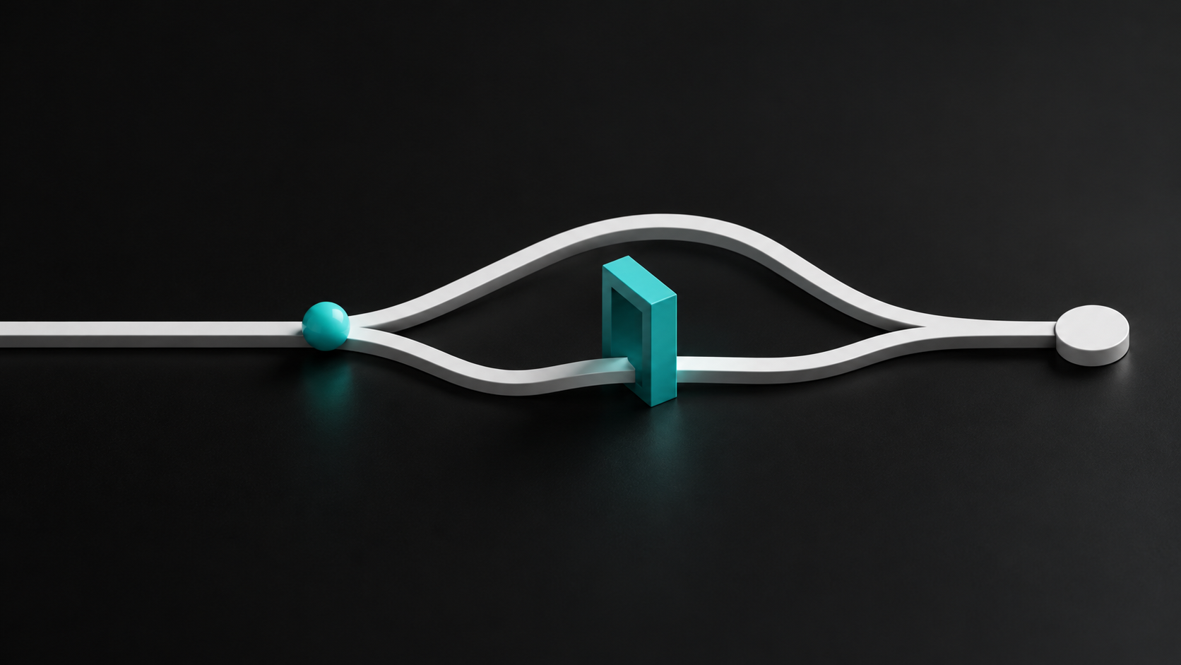 A white path splits into two routes, one through a turquoise gateway and one around it, then rejoins.