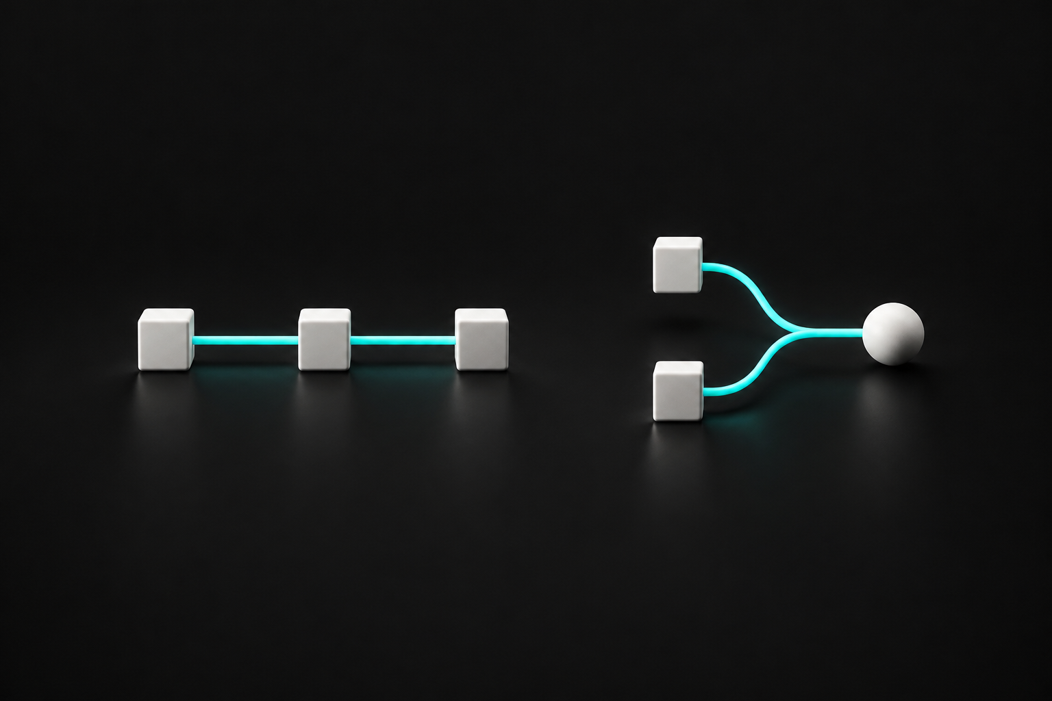 Minimal white nodes connected by straight and branching turquoise paths on a black background.
