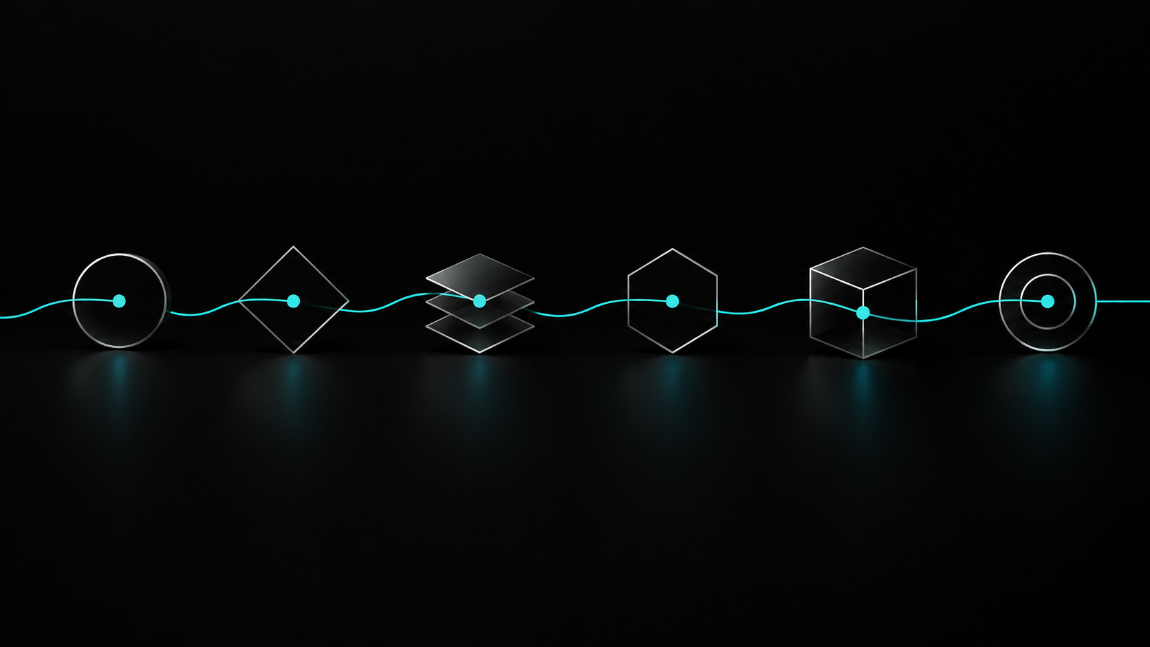 Six connected geometric nodes representing the AI governance evidence chain on a black background with turquoise accents.