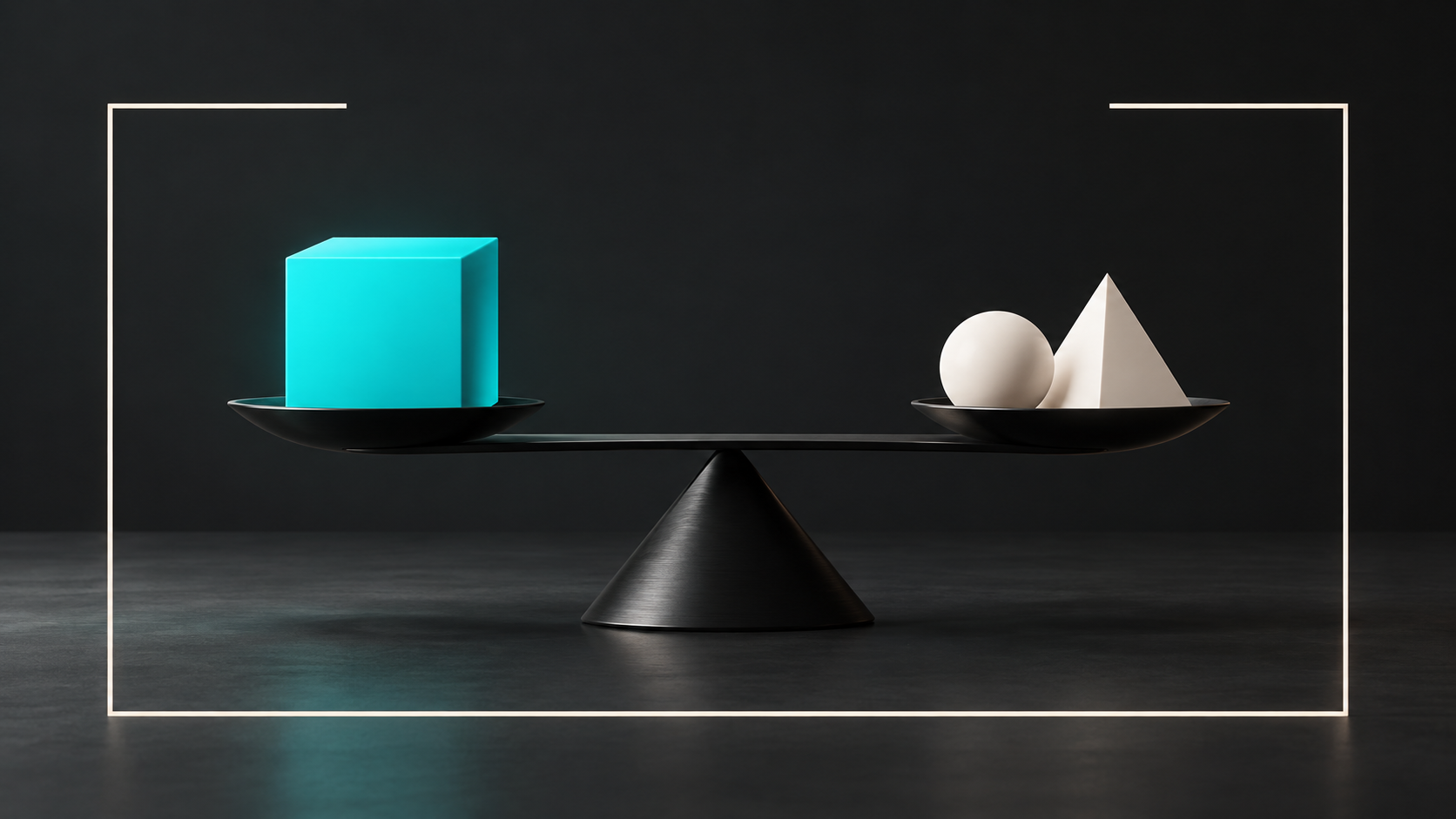 A turquoise cube balances white geometric shapes on a black scale inside an open white boundary.