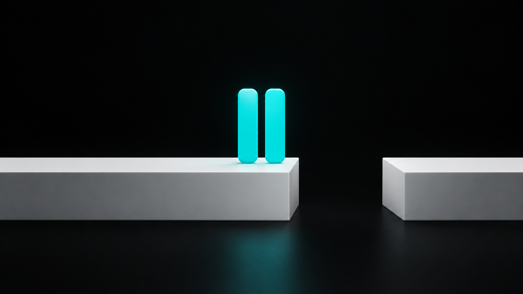 Turquoise pause symbol at the edge of a white pathway before a gap, against a black background.