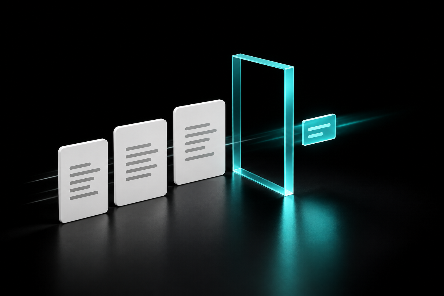 Three white documents approach a turquoise gateway, with a small selected data tile passing through against a black background.