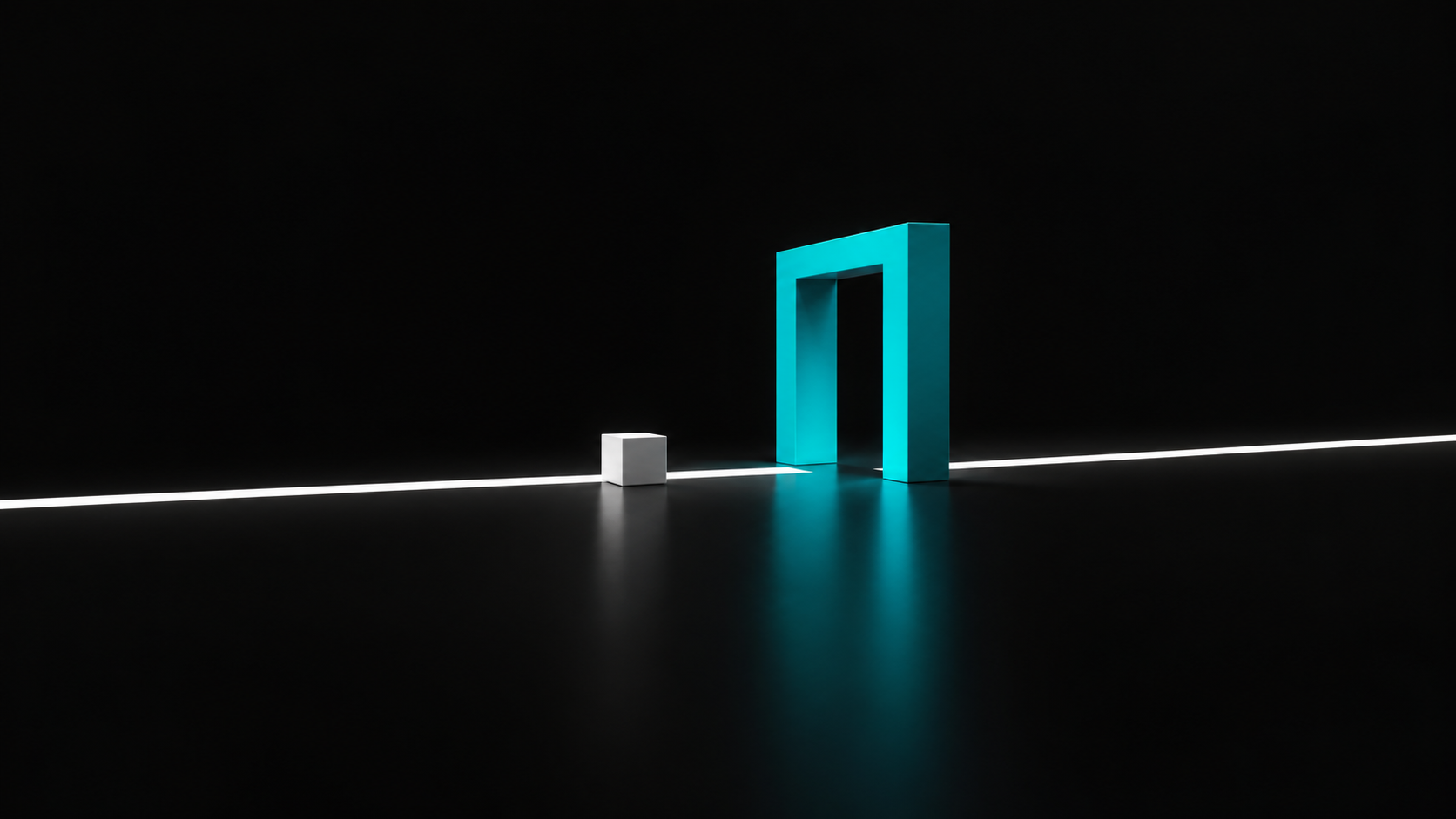 A white decision block pauses before a turquoise checkpoint gate on a black background, representing human intervention in an AI workflow.