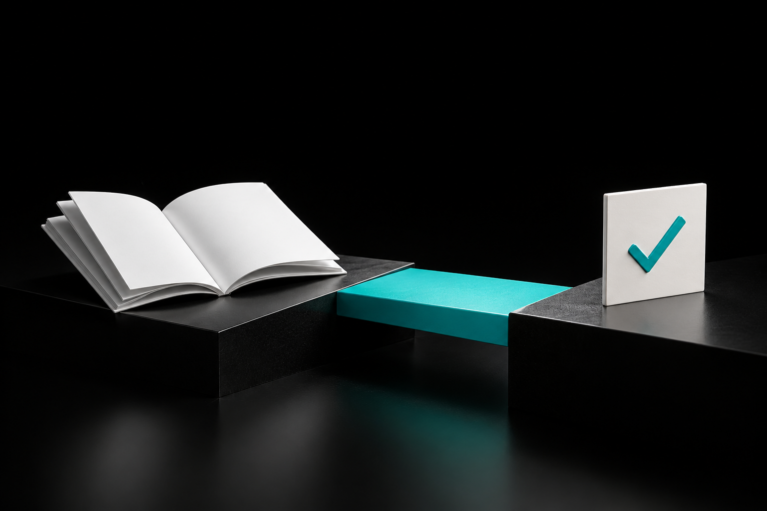 A turquoise bridge connects an open book to a checkmark, illustrating the move from AI training to demonstrated competence.