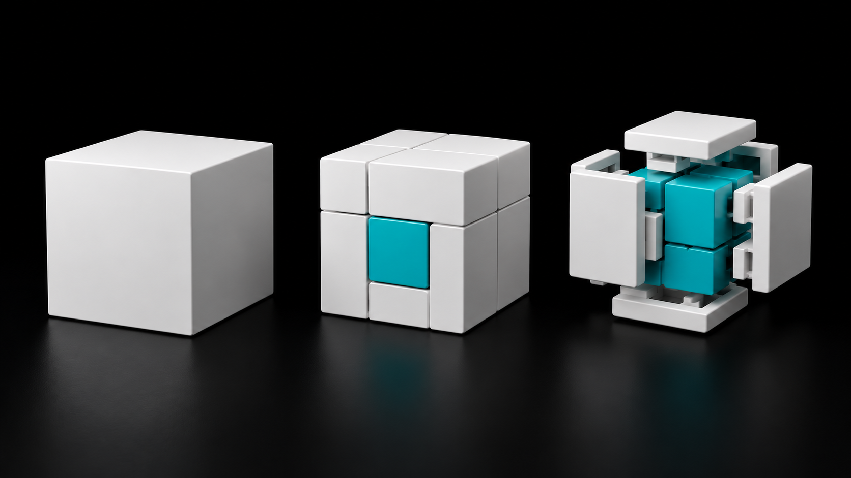 Three white cubes show a sealed form, a configurable turquoise panel and an open modular structure on a black background.