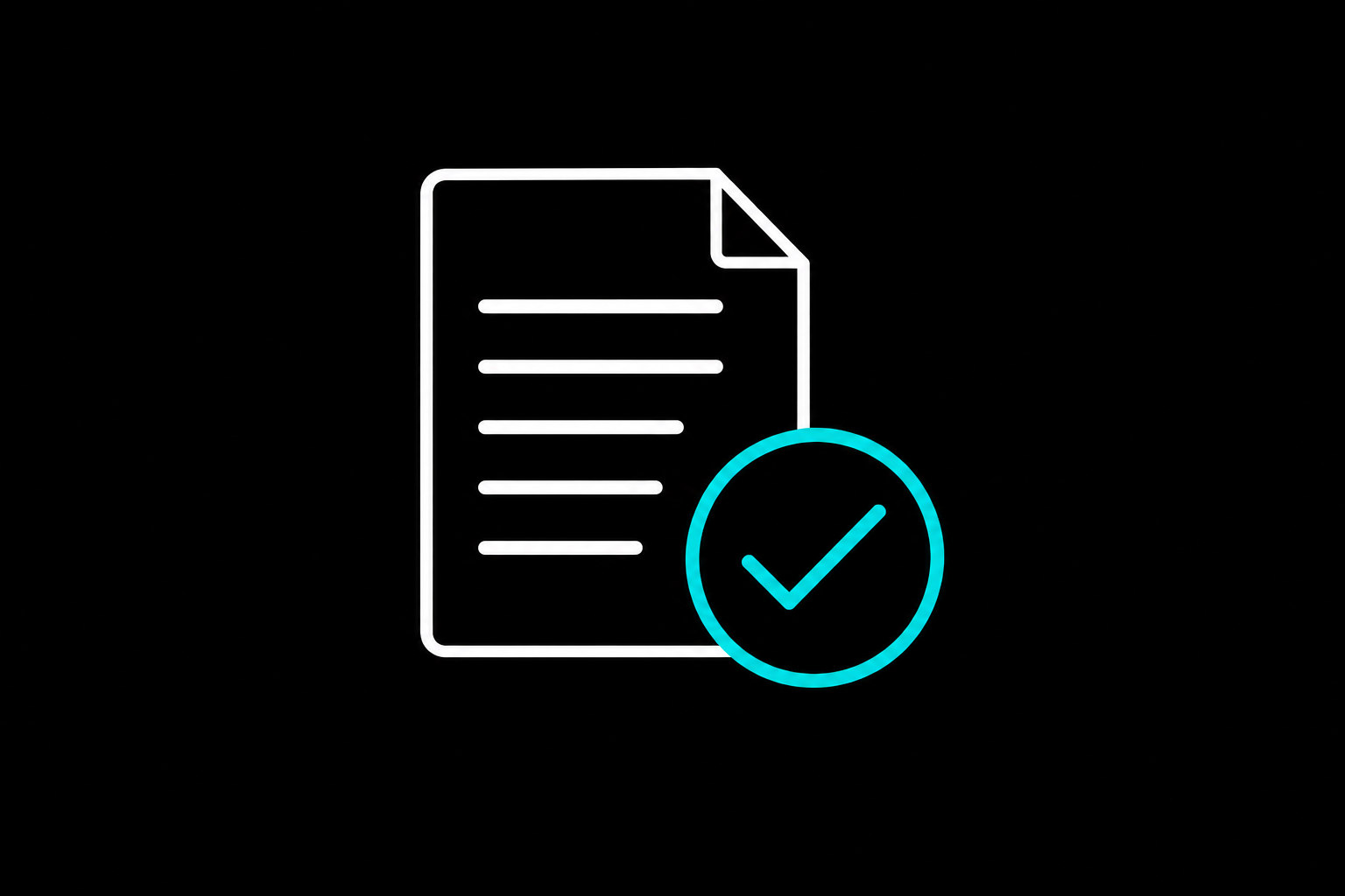 A turquoise acceptance marker beside a structured white task brief on a black background.