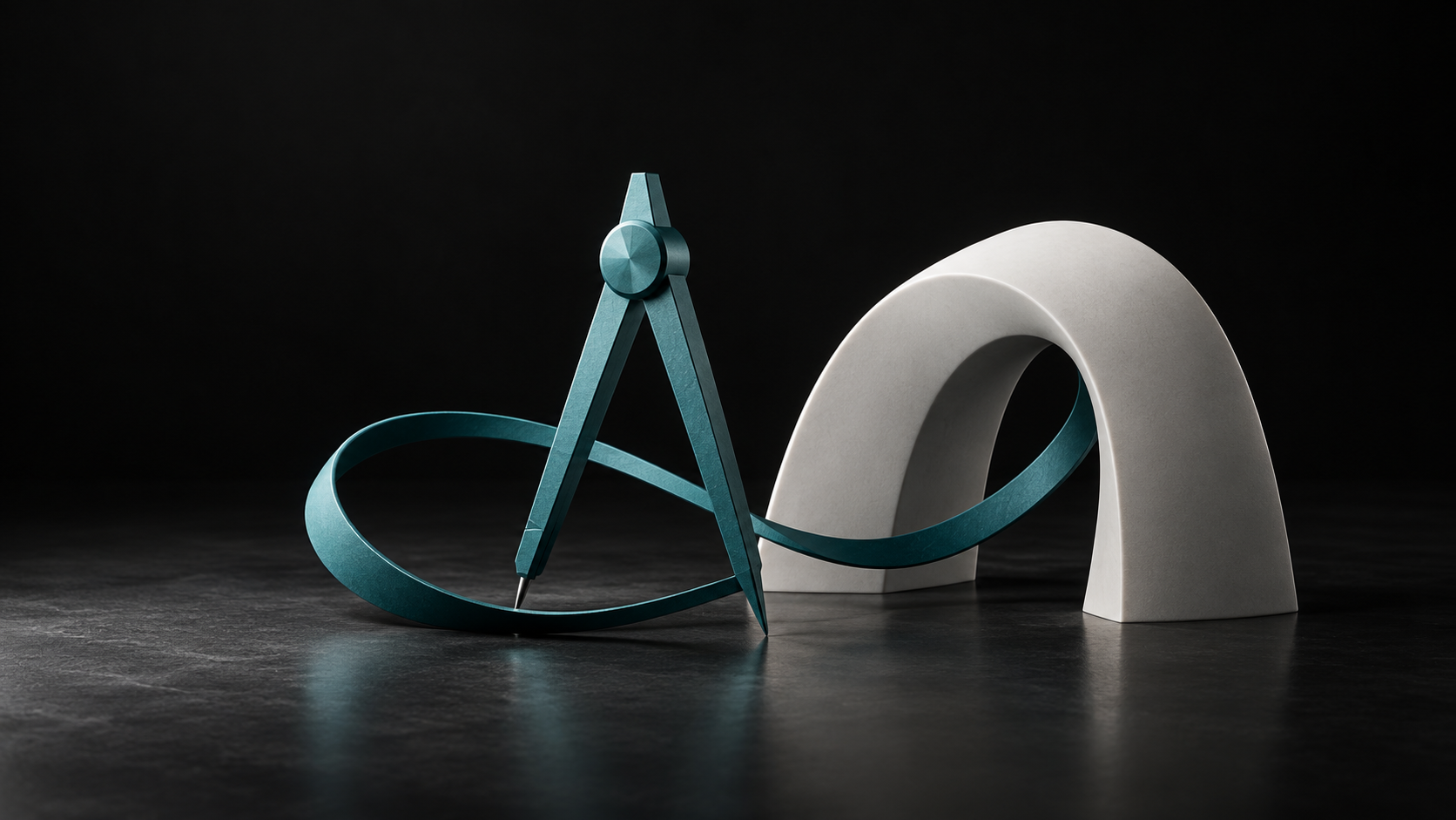 Turquoise drafting compass and continuous loop beside a white arch on a black background.